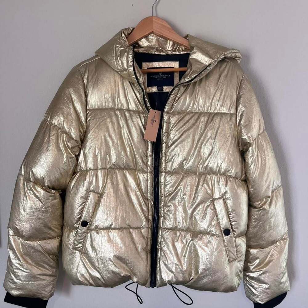 American Eagle Outfitters Metallic Gold Foil Hooded Puffer Jacket